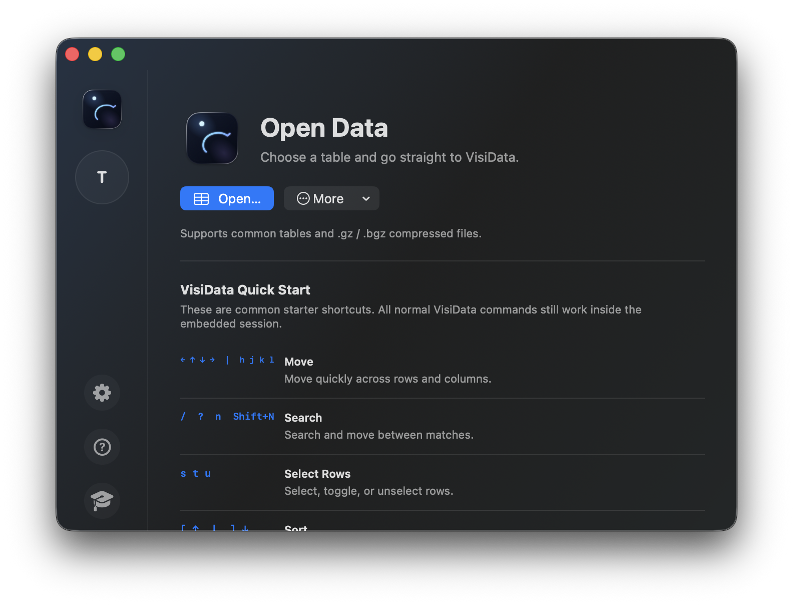 The real iData v0.2.20 interface in English, showing Open Data and the VisiData Quick Start guide.